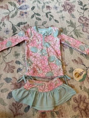 Caden Lane Pink and Mint Floral Long-Sleeve Rashguard Set